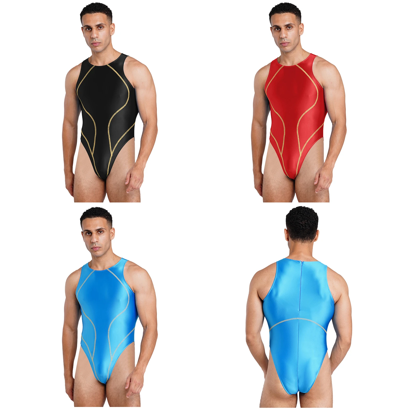Herren-Lingerie Ölglänzender Einteiliger Badeanzug Farbblock-Nähte Ärmellos Hochgeschnittener Bodysuit Bademode – Detail 2