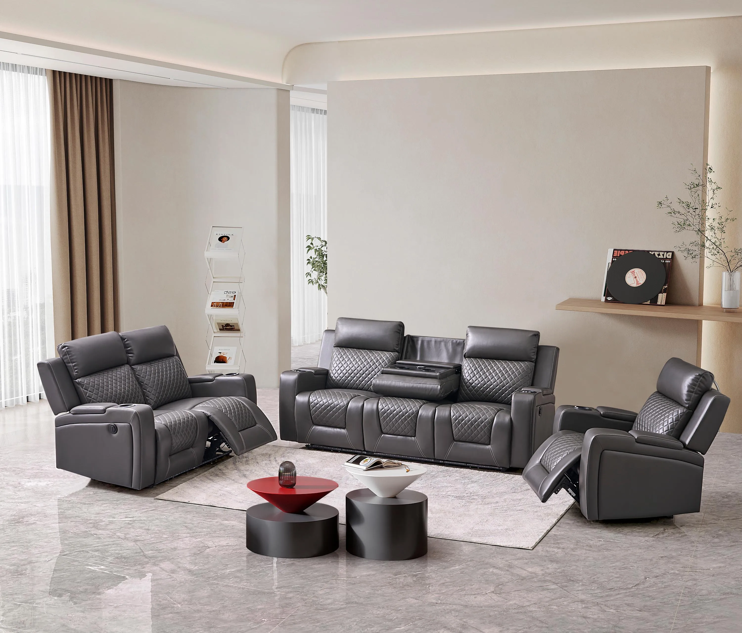 

Luxury Modern Recliner Love Seat Sofa Multi-Functional Home Cinema Chair with Air Leather Fabric and Cooling Feature