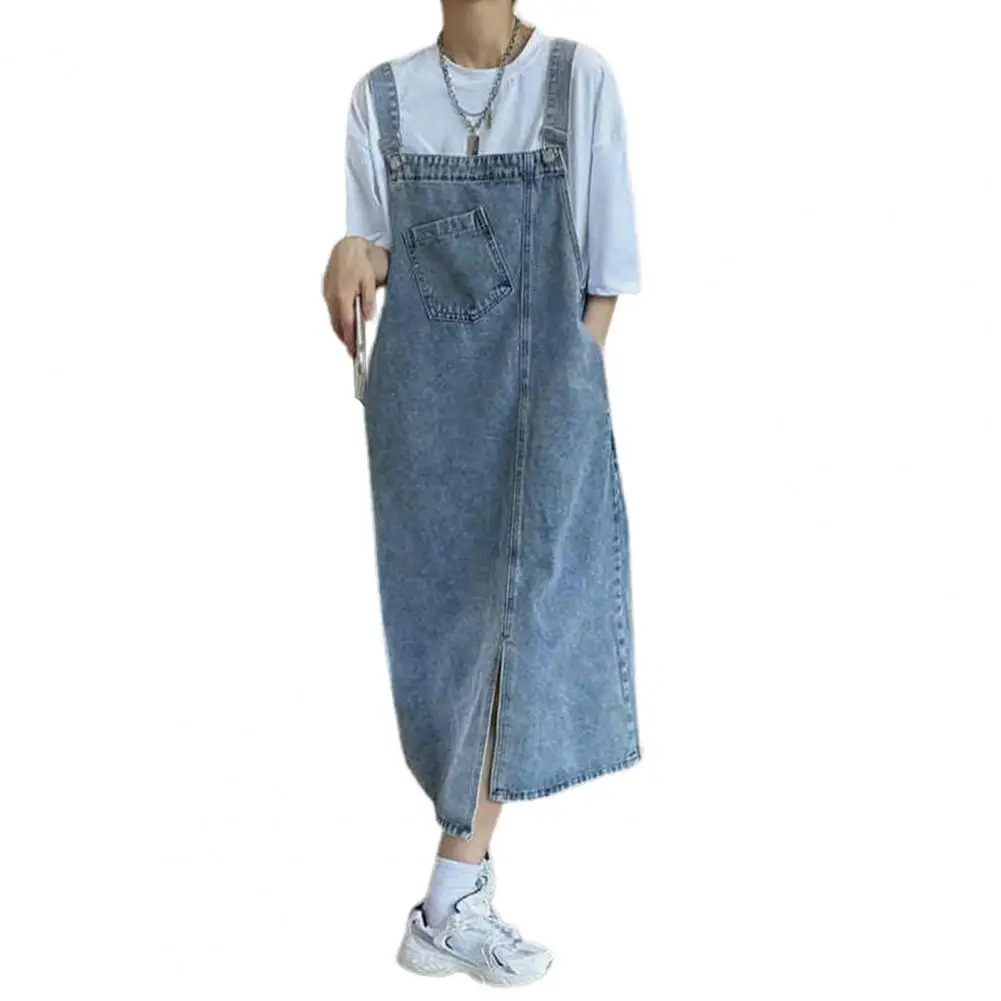 

Long Denim Dress Stylish Denim Suspender Dress with Adjustable Straps Side Pockets Split Hem Chic Collarless for Students