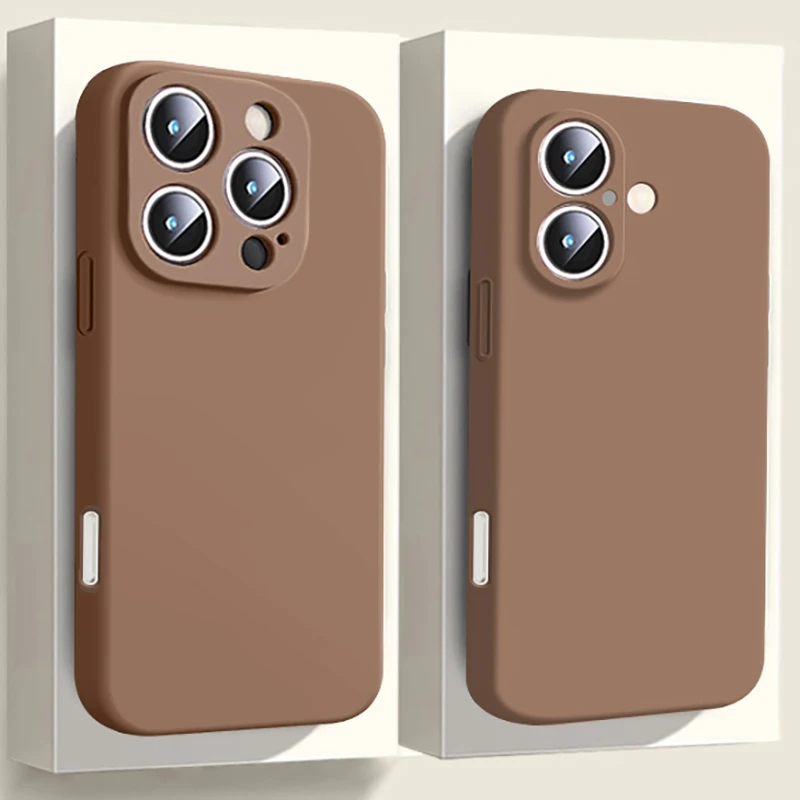 Brown New Liquid Silicone Camera Protection Case for iPhone 16 15 14 13 11 12 Pro Max Plus Soft Shockproof Colorful Cover
