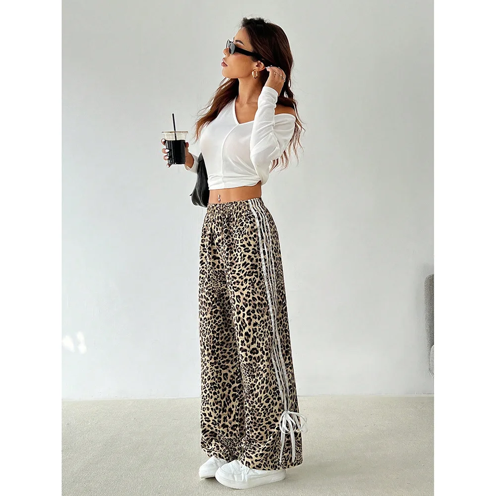 Calças Casuais Femininas de Perna Larga com Estampa de Leopardo, Corte Reto, Modernas, Novidade de Verão, Confortáveis e Soltas