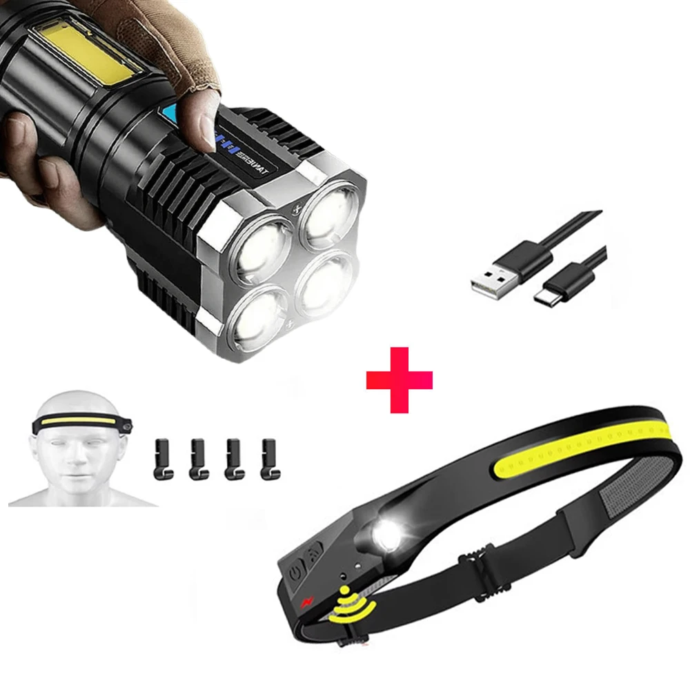 Kit de Sobrevivência 3 em 1 Lanterna Tática Recarregável Lanterna de Cabeça Luz de Emergência Camping Pesca Aventura