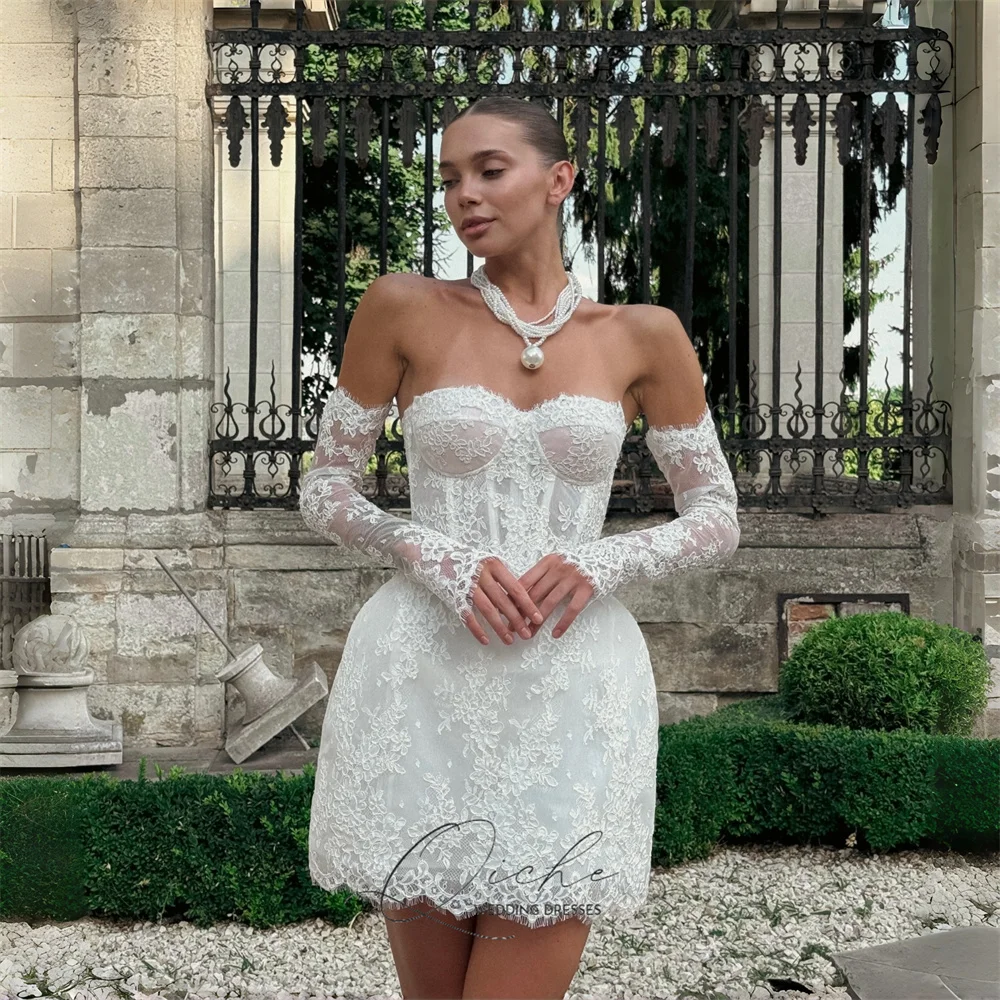 QICHE Luxe Schede Korte Trouwjurk Vrouwen 2026 Lange Mouwen Sweetheart Open Back Party Gown Vestidos De Novia Aangepaste