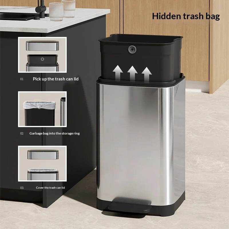 Stainless Steel Step Trash Can Large Capacity Kitchen Pedal Bin Soft Close Lid Odor Control Removable Inner Bucket Recycle Bin