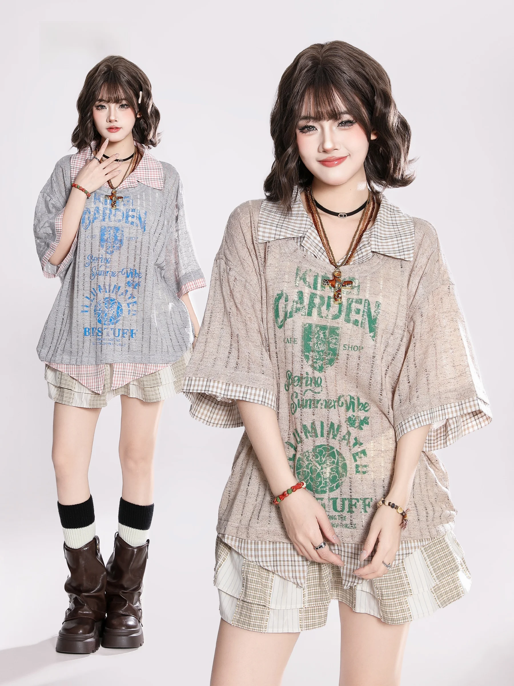 

Летняя дышащая свободная женская футболка HM ort Sve с буквенным принтом, ажурная микропрозрачная крышка для пар...