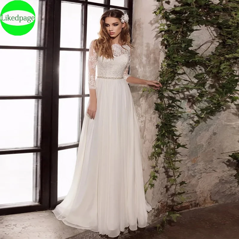 

Elegant Lace Chiffon Wedding Dresses For Women2023 Three Quarter Sleeve Vestidos De Novia With Belt Suknia Ślubna Robe Mariée