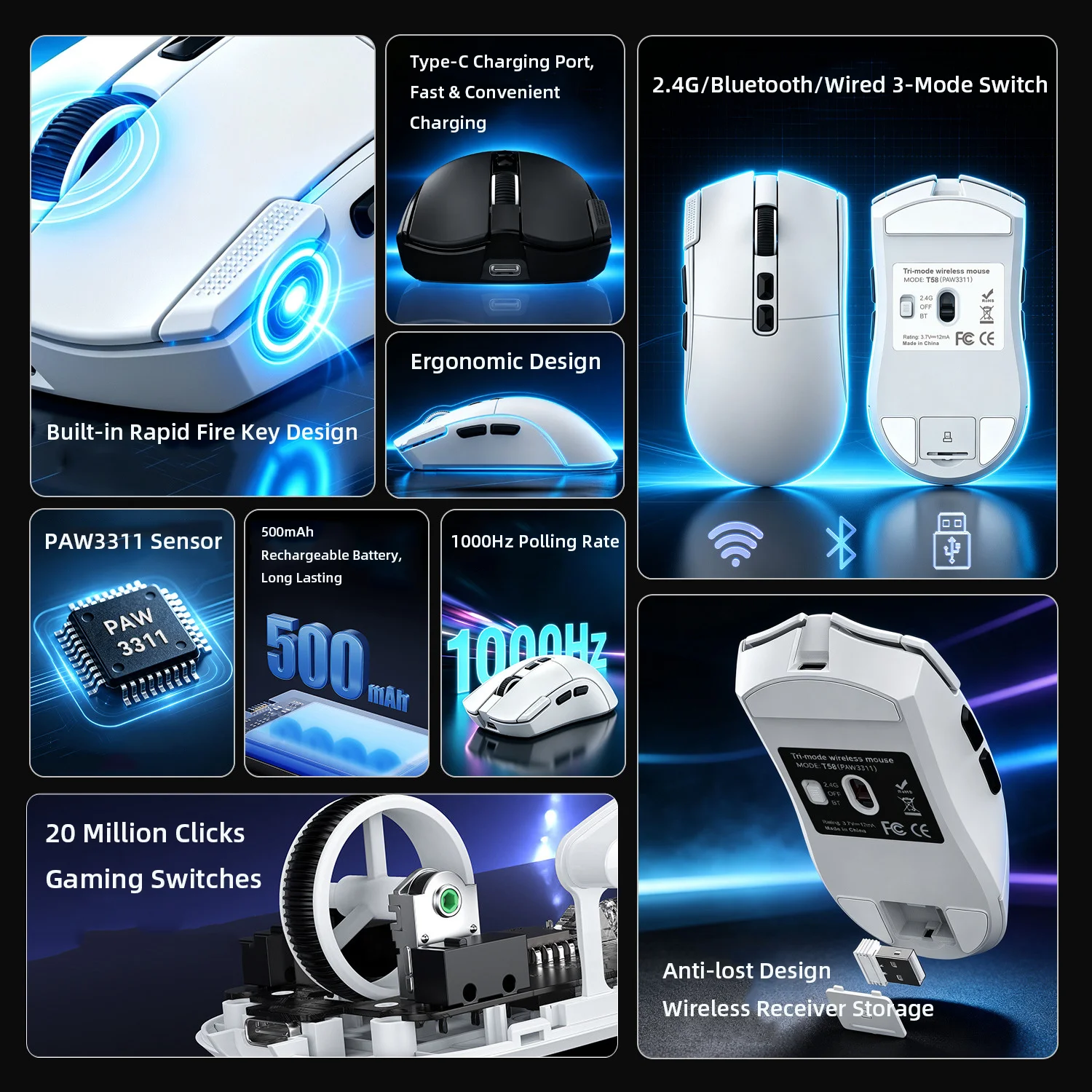 Triple-Mode Esports Gaming Mouse 500mAh Rechargeable Battery PAW3311 Sensor Rapid Fire Key Medium & Large Hands Gaming & Office