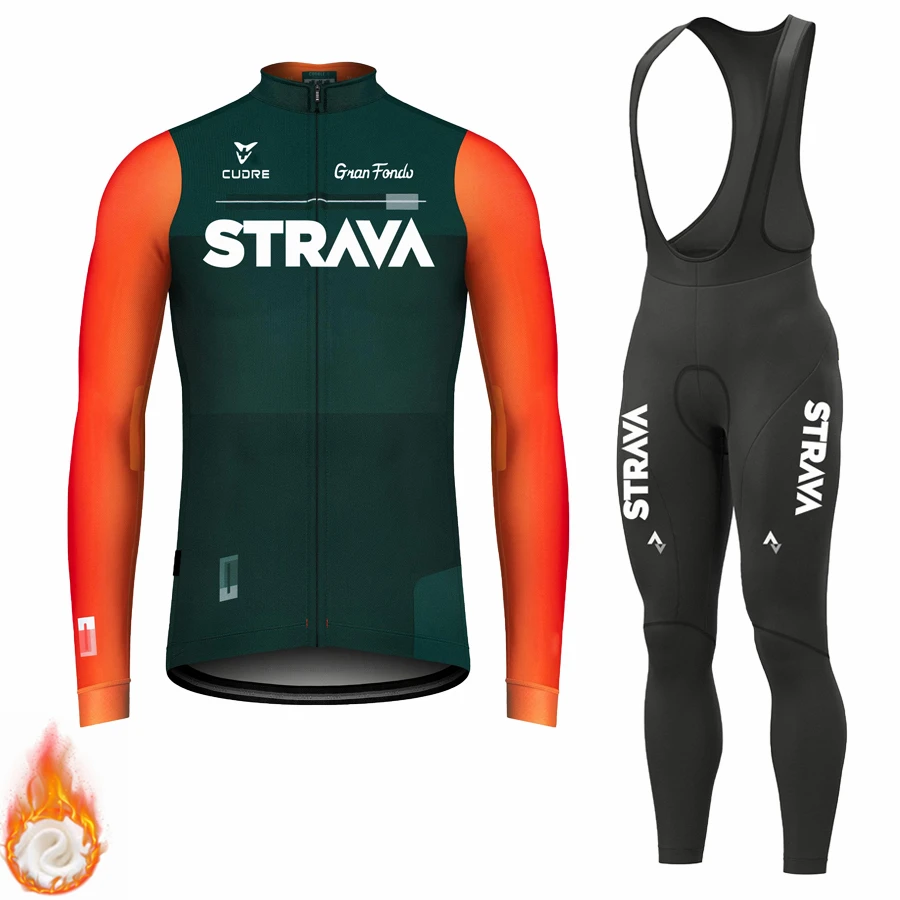 STRAVA Cycling Clothing Man Winter Thermal Fleece Men Mtb Men\'s Male 2024 Jersey Team Laser Cut Blouse Sports Set Triathlon Suit