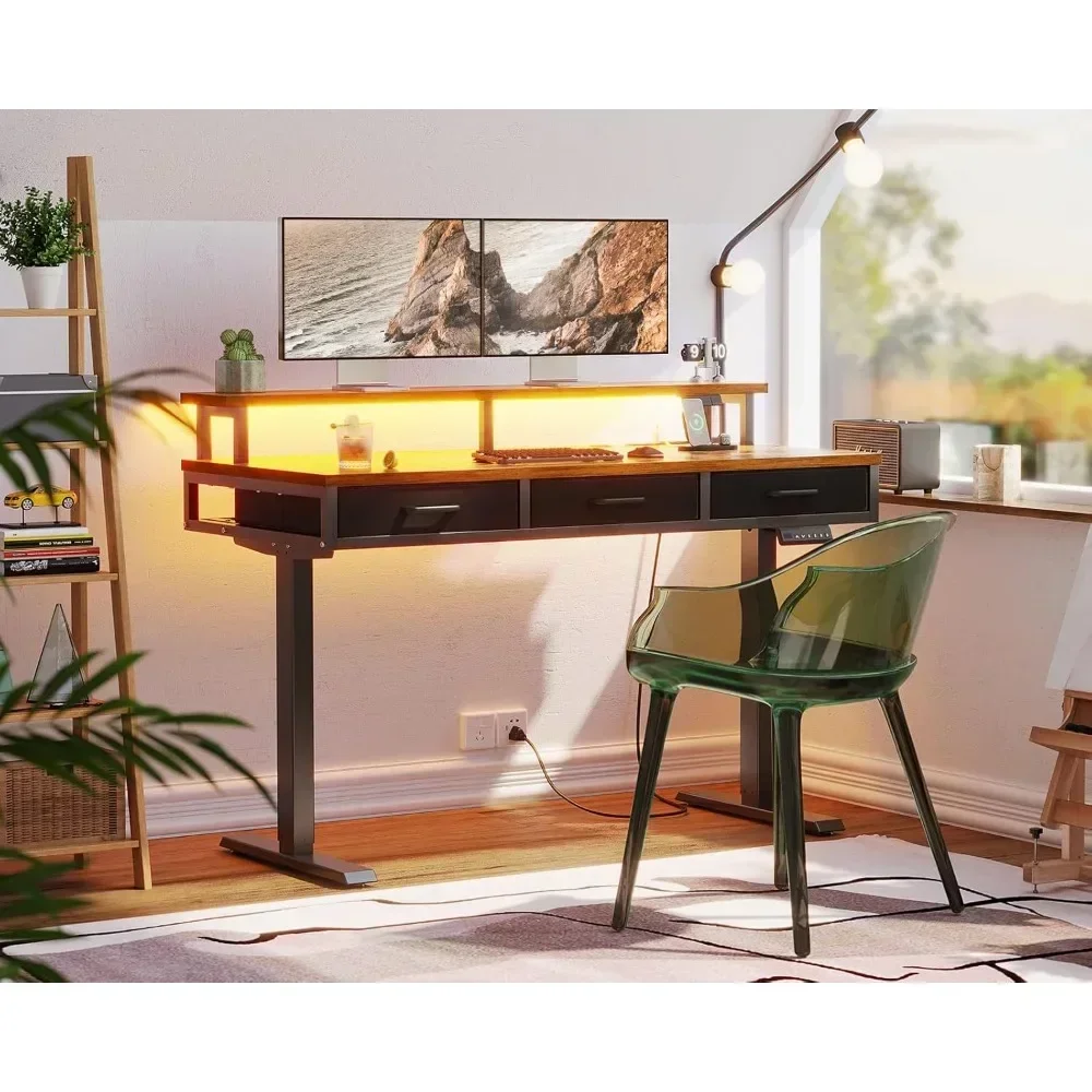 

55 Inch Gaming Desk with Drawers, Power Outlets, LED Lights, Height Adjustable, Monitor Stand, Electric Standing Desk