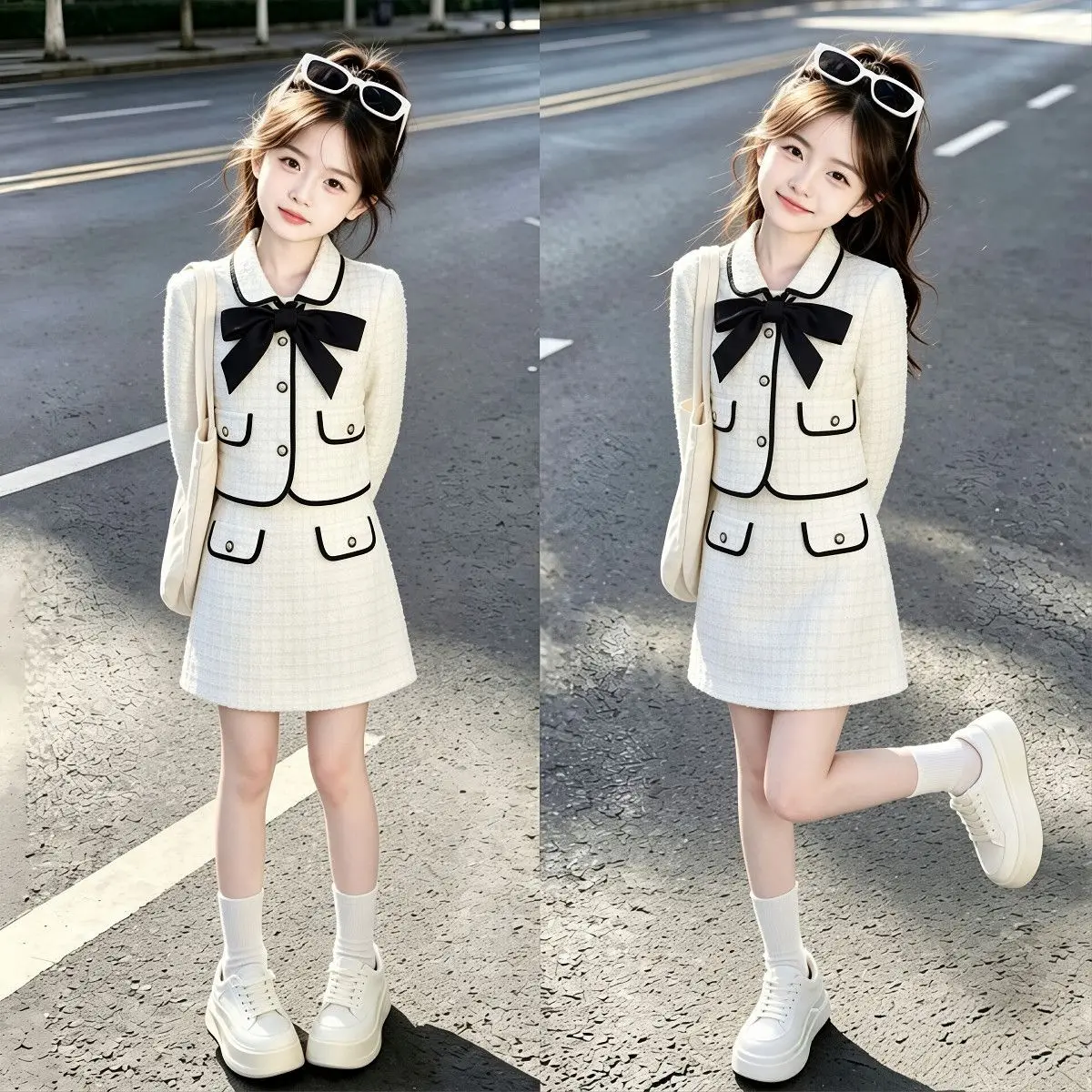 French chic teen girls skirts clothes set Bow black and white coat+skirt 2pcs junior kids clothing suit outfits child outfits