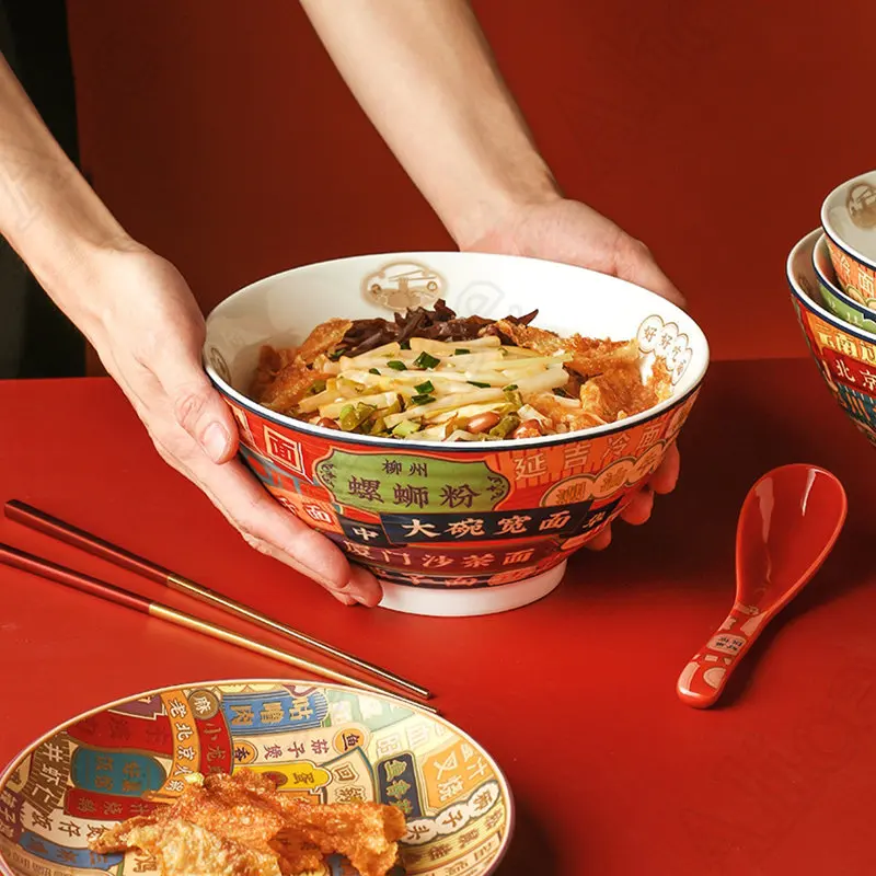 Imagem -04 - Estilo Chinês Grande Capacidade Noodle Bowl Noodle House Retro Tendência Sopa Tigelas Salad Bowl Household Cerâmica Talheres Cozinha Item