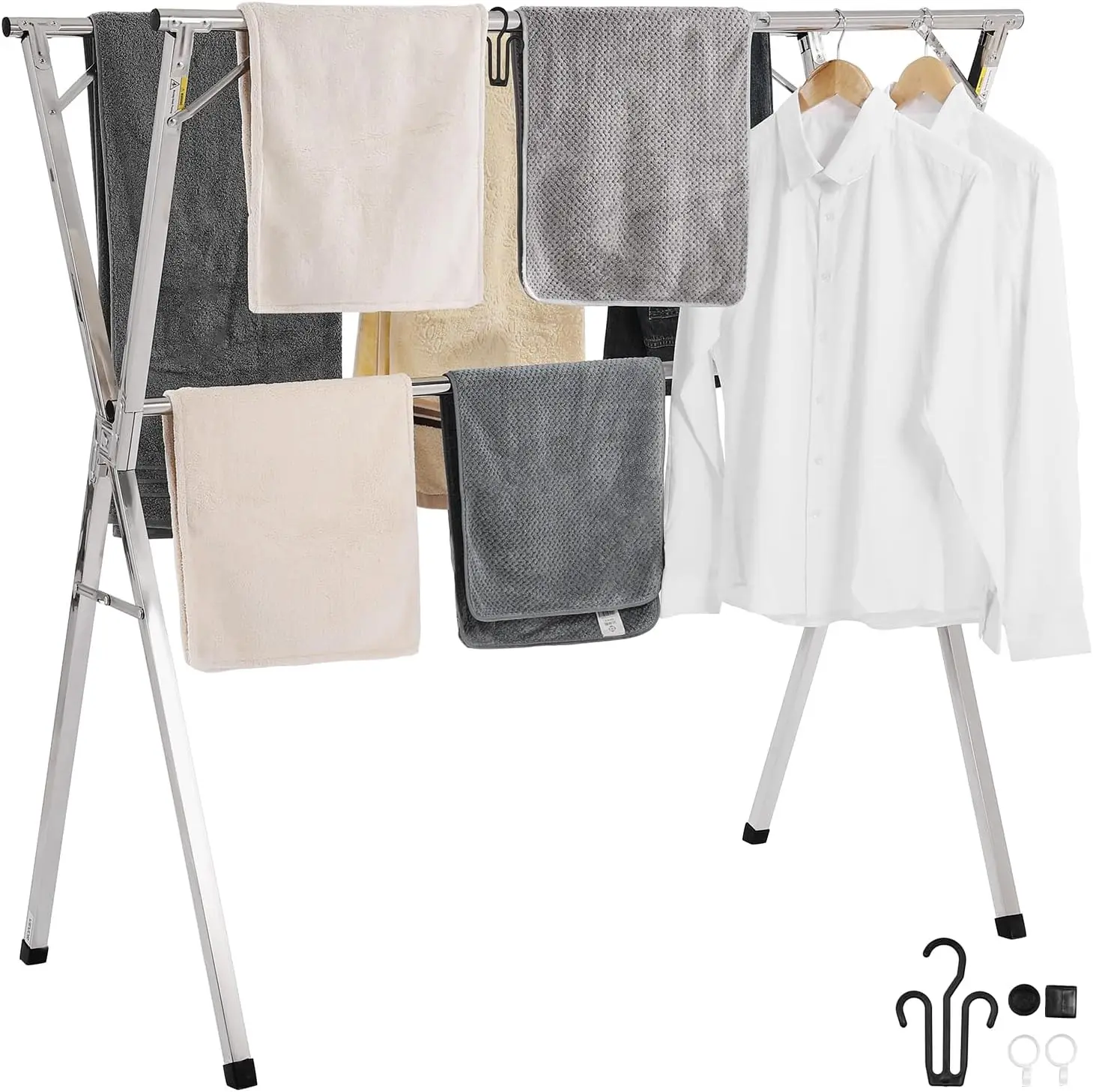 

2-Tier Telescopic Clothes Drying Rack, Stainless Steel with 30 Windproof Holes & 2 Shoe Hooks, Portable Indoor/Outdoor Use
