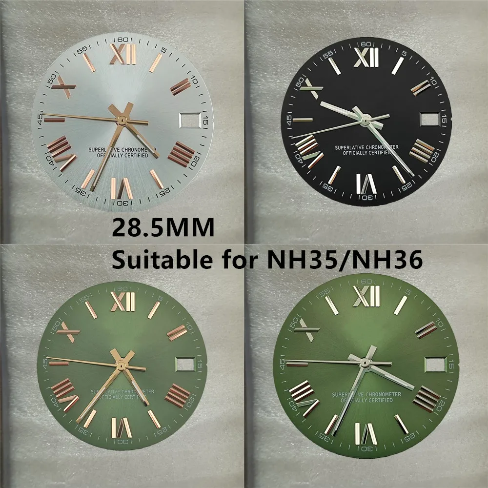 28.5mm Roman Numeral No Luminous Blue dial Suitable NH36 Movement Diy Roman Dial Nh35 Rose Gold Dial Nh35 Green Ice Blue Rose