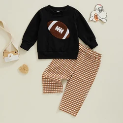 2024-07-23 Lioraitiin Boy Fall Pants Set Football Embroidered Long Sleeve Round Neck Sweatshirt Plaid Long Pants Outfits