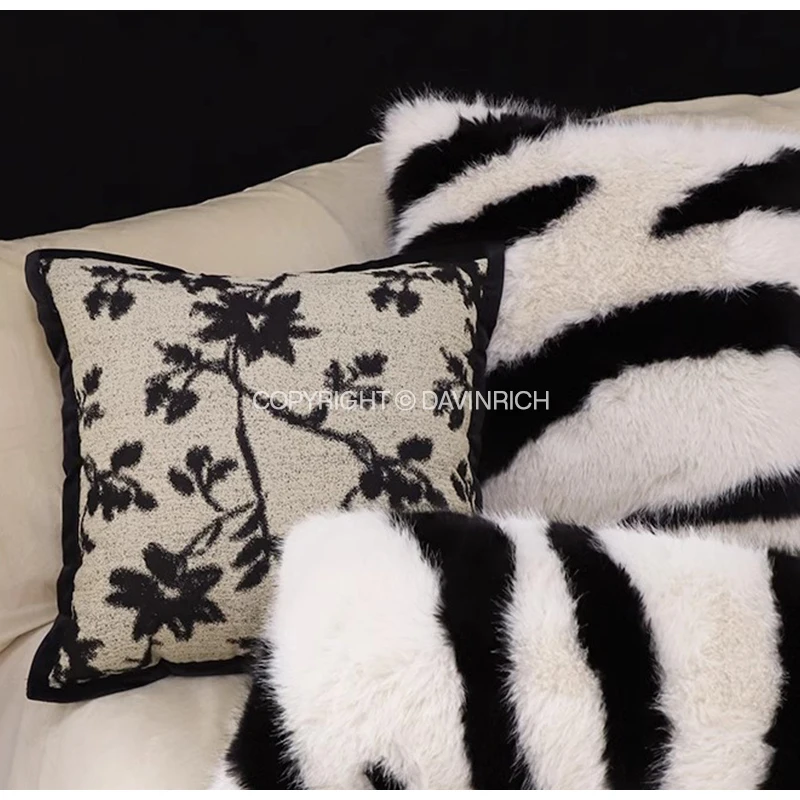 DAVINRICH French Retro Ink Flower Decorative Pillowcase Luxury Yarn Dyed Fabric Texture Square Cushion Cover For Farmhouse Villa