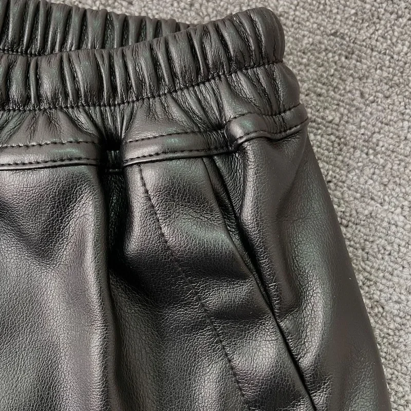 Summer Women's PU Leather Shorts Dark Retro Side Split Color Block Elastic Waisted Drawstring Hot Shorts Female Clothing