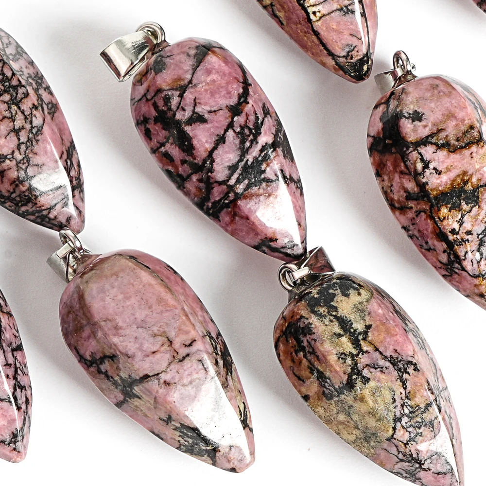 NATURAL RHODONITE PENDANT 31X14MM PINK BLACK HEXAGONAL CONE SMOOTH POLISHED GEMSTONE CHARM FOR DIY NECKLACE JEWELRY MAKING DIY