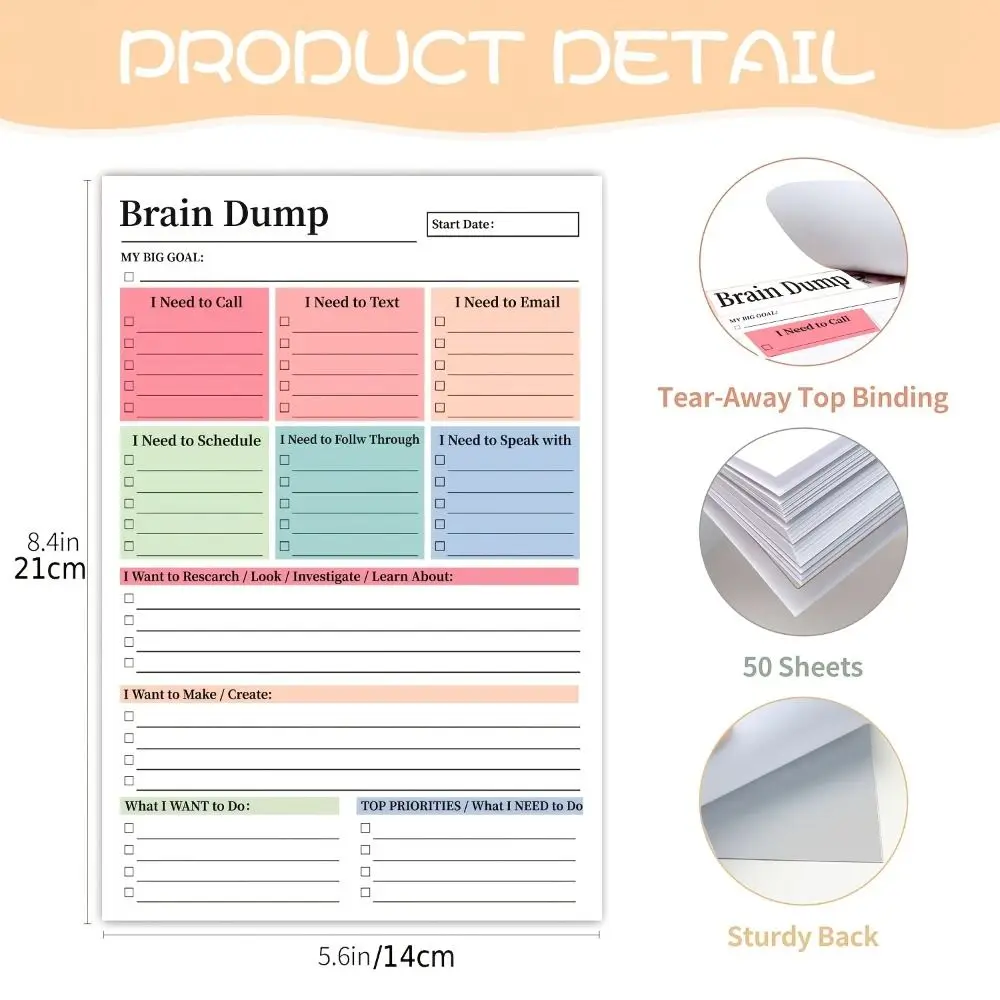 2Pcs 25 Sheets Brain Dump Notebook A5 Size High-Performance Daily Planning Manual Tear Away Design Minimalist To-Do Planner