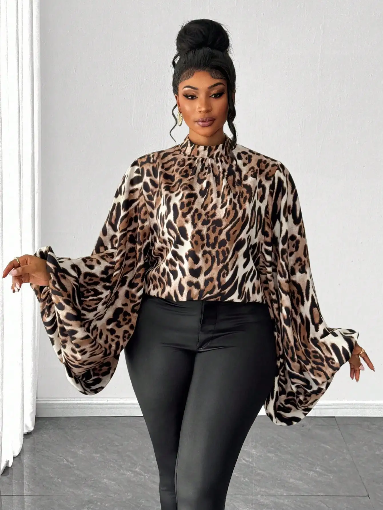 

Винтажная блузка с леопардовым принтом, длинными рукавами и воротником с рюшами, повседневная, больших размеров