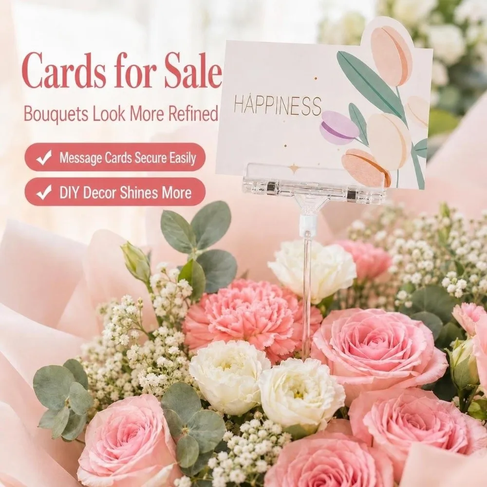 5Pcs Minimalist Plastic Card Holder Clips with Sticks Clear Flower Bouquet Card Clamp Pin Card Stand Photo
