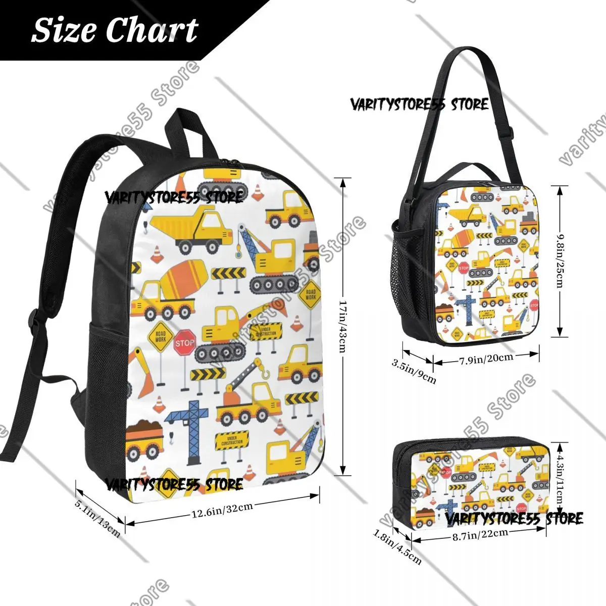 Road Work Under Construction Transportation Backpack Student Boys Girls BookBag School Bag 3ps Insulated Lunch Bag Pencil Case