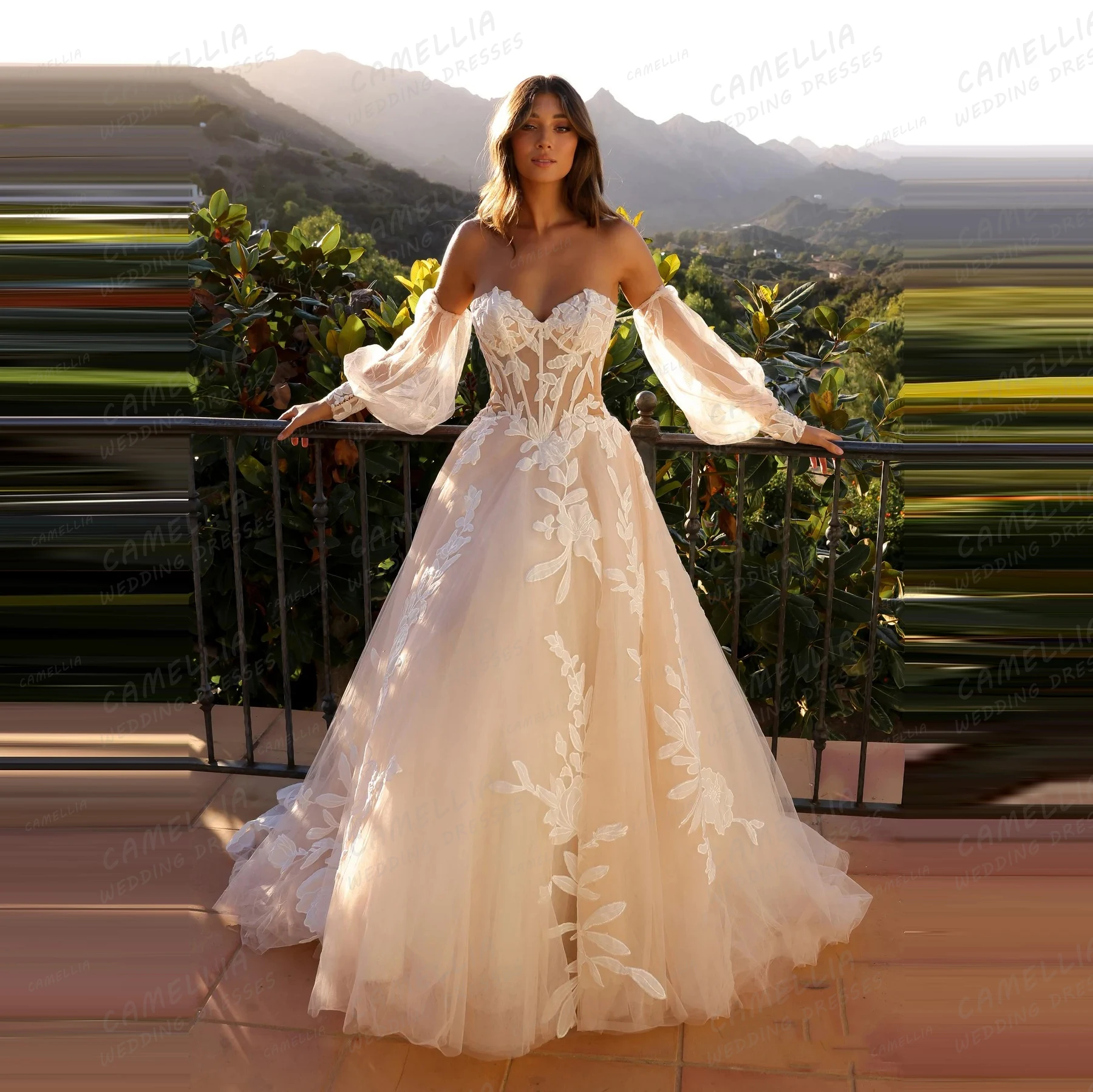 Luxury Off Shoulder Wedding Dresses Women's A Line Appliques Bridal Gowns Long Sleeve Sweetheart Vestidos De Novia Customized