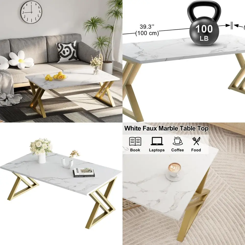 

Modern Rectangular Faux Marble Coffee Table with Gold Metal Frame for Living Room and Bedroom