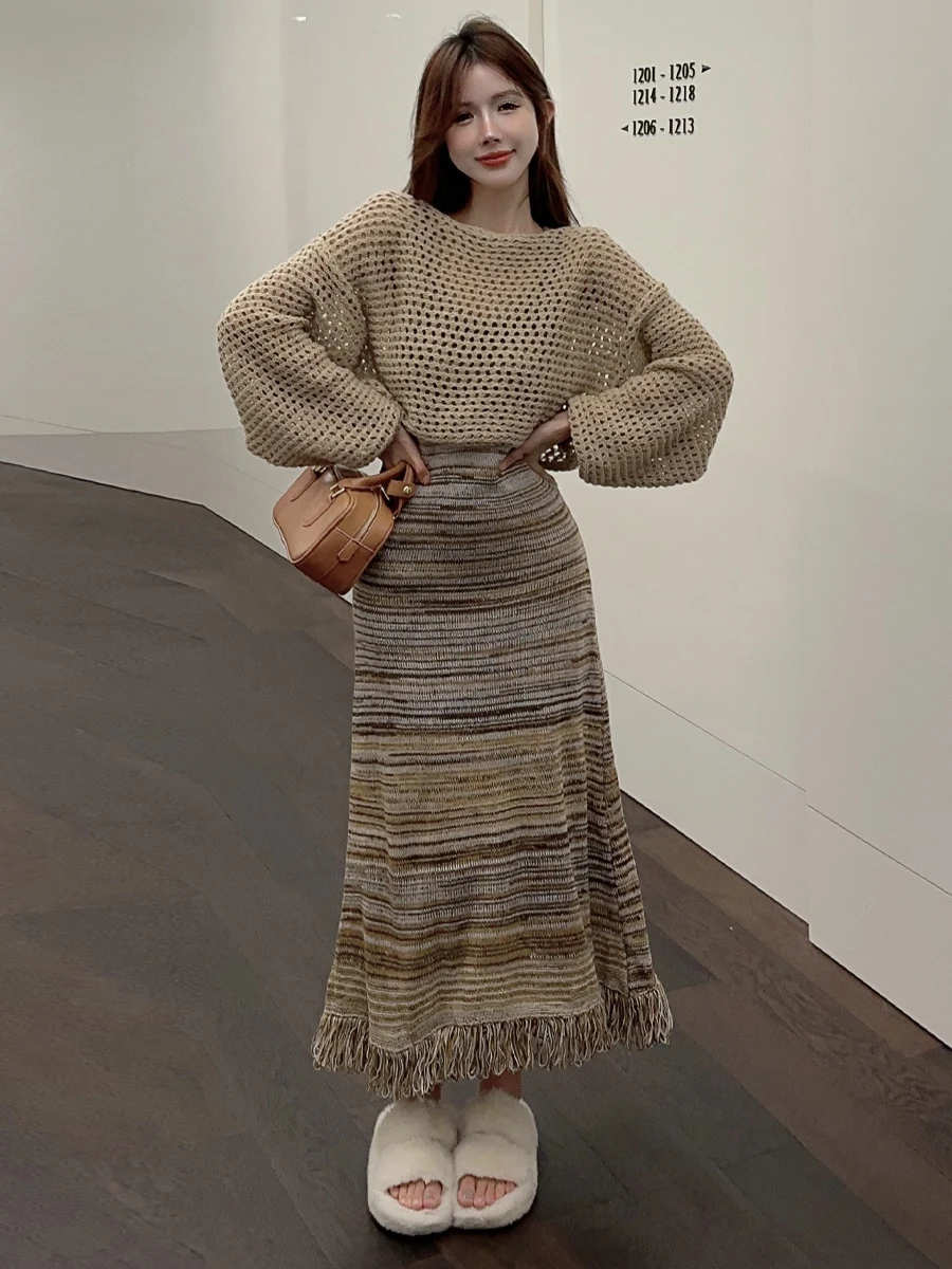 Loose Knitted Hollow out Tunic Top with Fringe Design Long Sleeve Women's Fashion Autumn Wear Comfortable Breathable Short Style
