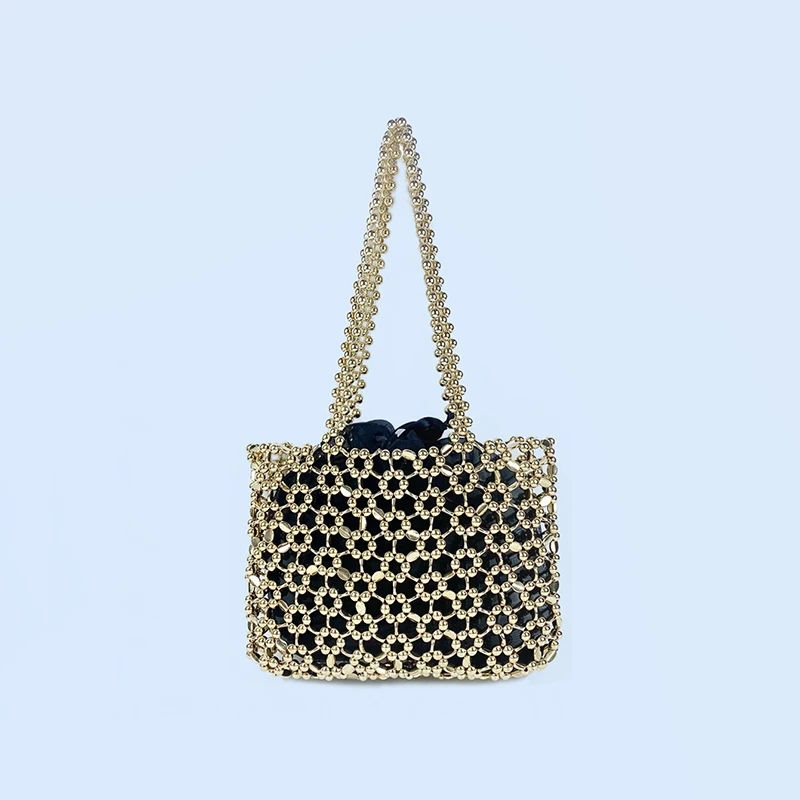 New niche design metal texture shoulder bag, handmade beaded hollowed out shiny small square bag, underarm bag