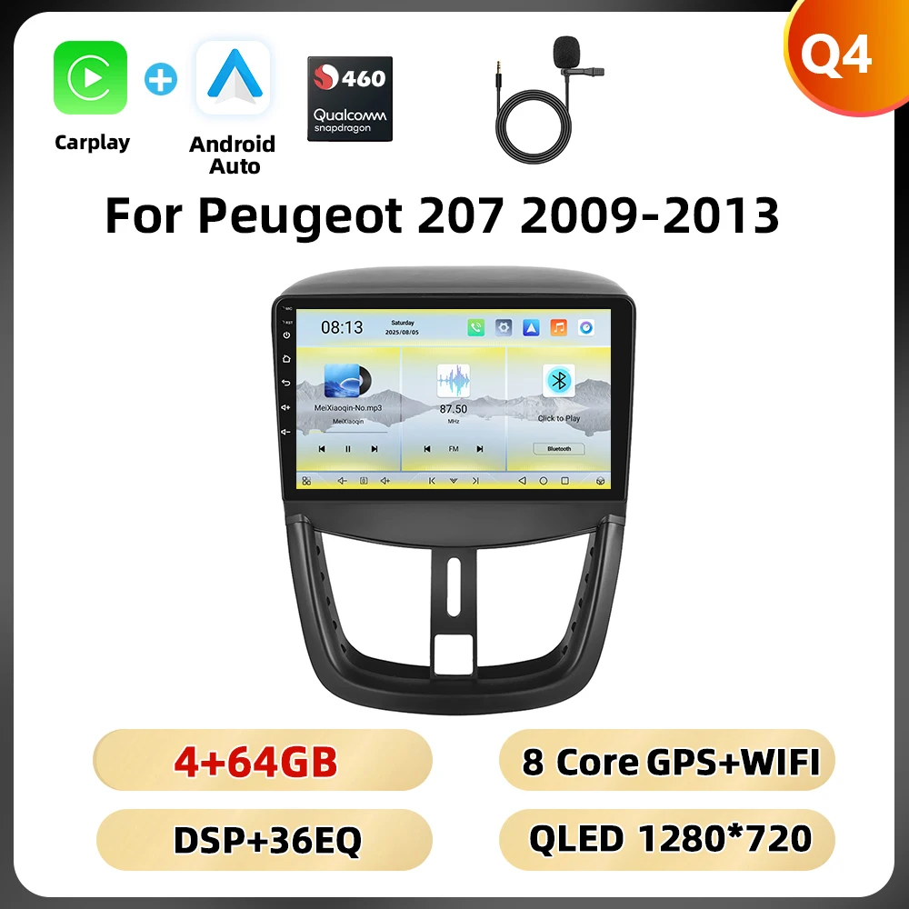 Podofo 8Core Qualcomm Autoradio Voor Peugeot 207 2009-2013 Multimedia Speler Carplay Android Auto 8 + 128G WIFI 4G GPS Auto Stereo