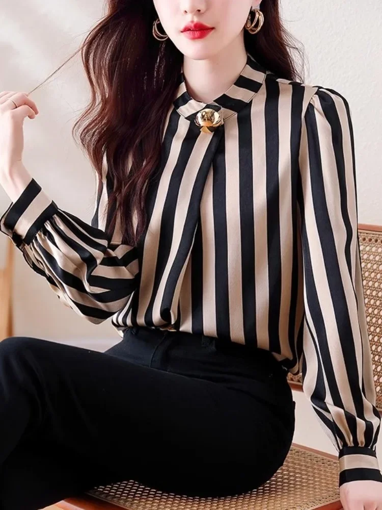 Elegant Commuting Vertical Striped Shirt Female Office Clothes Autumn Vertical Collar Metal Buckle Long Sleeve Loose Top Women