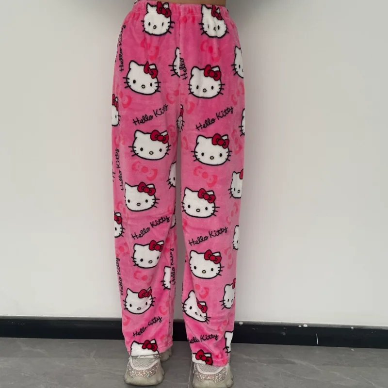 مرحبا كيتي Y2k Kawaii الفانيلا بنطلون بيجاما النساء الخريف الشتاء الدافئة الصوفية أفخم اصطف الكرتون شريك صالة المنزل بنطلون #4
