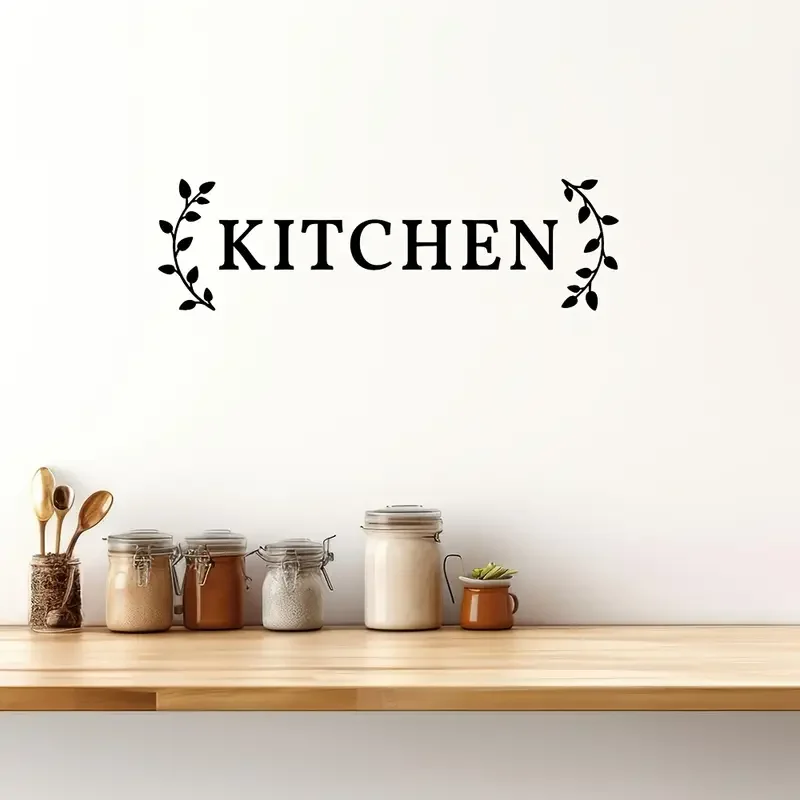 Vintage Kitchen Wall Decal Sticker - Matte Vinyl Self-Adhesive Removable Lettering with Curved Leaves Design for Glass Surfaces,