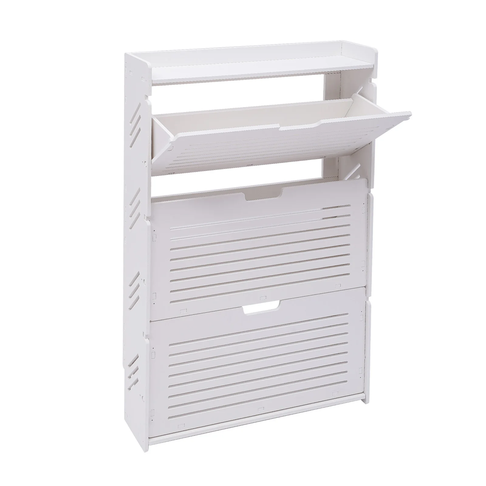 

3-Tier White Modern Shoe Storage with Slatted Doors, Top Shelf - Space-Saving, Easy Assemble PVC Organizer for Home, Dorm
