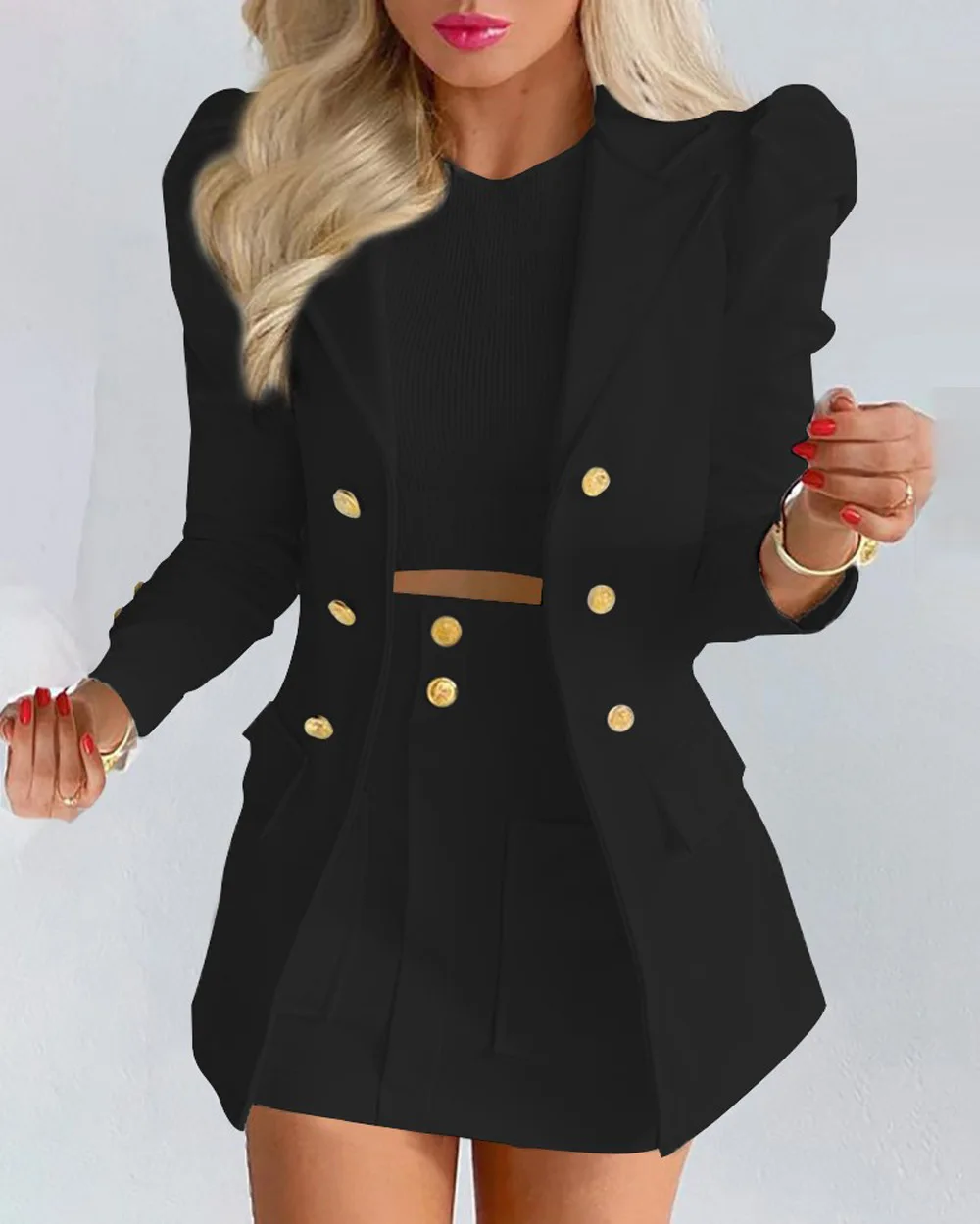 Women\'s Fall and Winter Long Sleeve Button Solid Color Jacket with Mini Skirt Two-piece Suit Tailleur Femme Blazer and Set Skirt