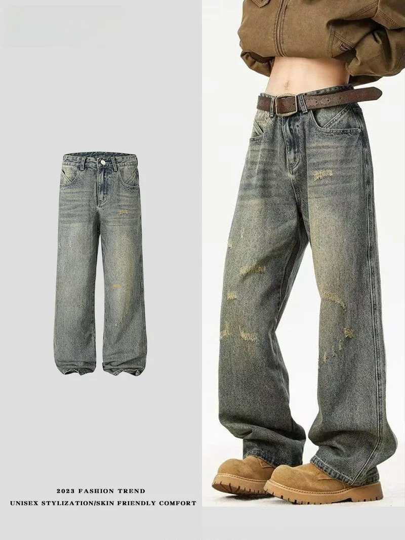 

American Sle Vintage Men's Loose Fit Jeans Spring Autumn Waed Straight Leg Casual Long Trousers Hole Design Versatile