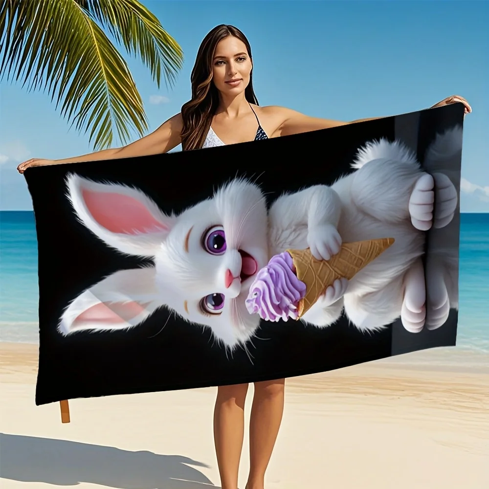 One Piece of a Contemporary Beach Towel Featuring a Soft And Adorable Ice Cream Bunny Design Made from Lightweight Super
