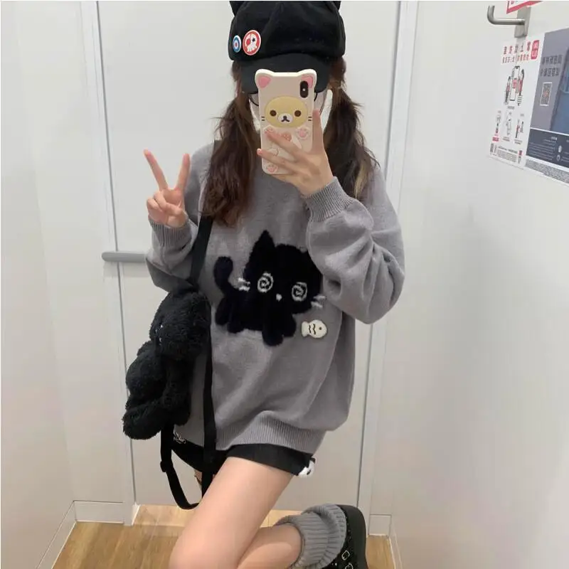 

Cartoon Cat Sweater Korean Lazy Style Knitwear Woman clothes winter 2025 Women's sweater Pullover Winter clothes woman tops cozy