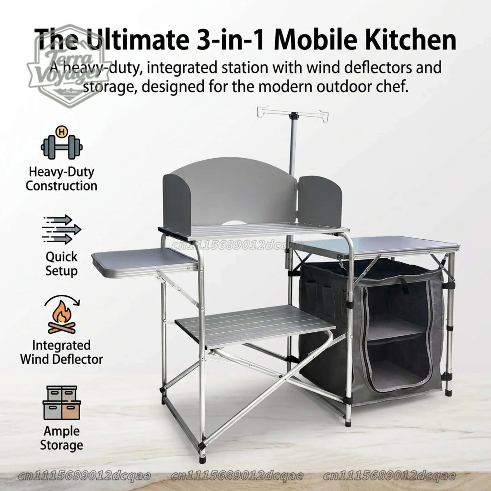 Portable Camping Kitchen Table with Windscreen and Storage Organizer, Folding Aluminum Outdoor Cooking Station with Light Pole