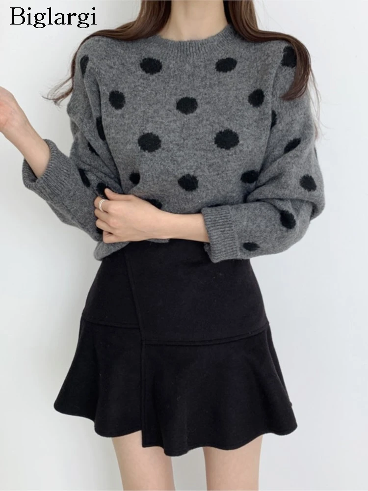 Gestrickte Herbst Polka Dot Print Pullover Pullover Frauen Koreanischen Stil Casual Lose Damen Pullover Mode Frau Pullover Tops