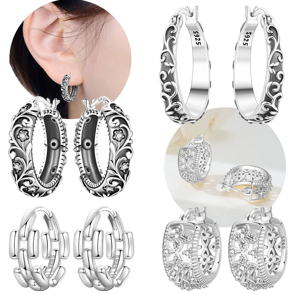 Silver Earrings Vintage Patterns Hollowed-out Design Featuring White Zircon Stones Original S925 Silver Anniversary Jewelry Gift