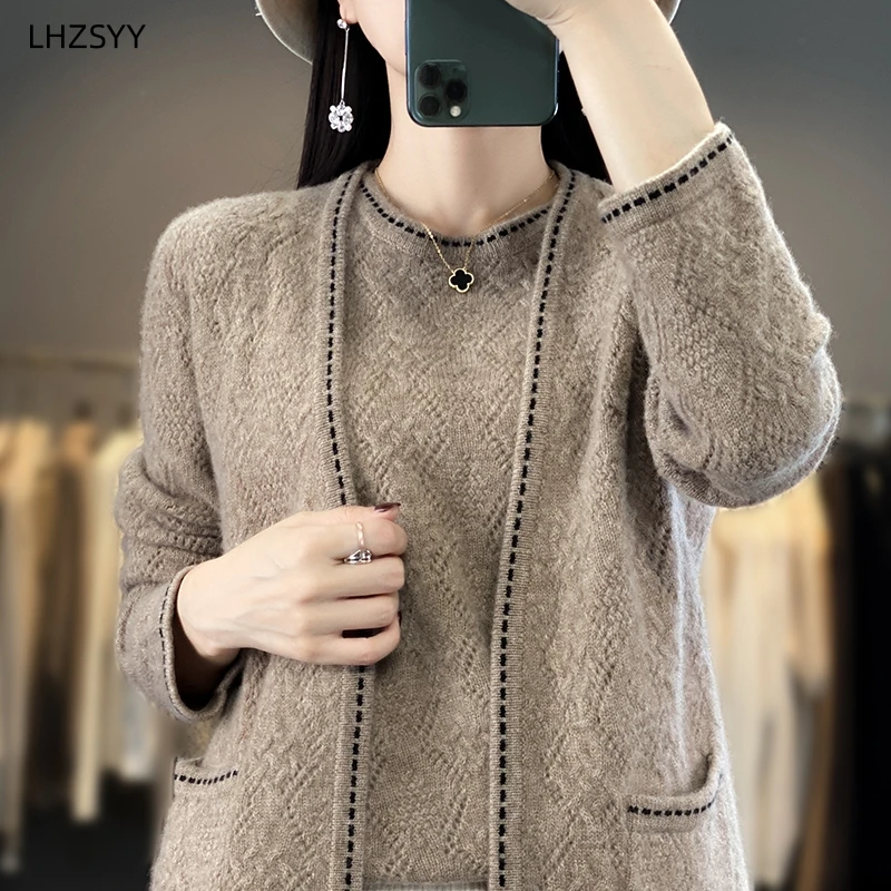 LHZSYY Cashmere Two-Piece Women' New Autumn Winter Cardigan Loose Pure Wool Knit Jacket Sleeveless Sweaters Vest Inner With Suit