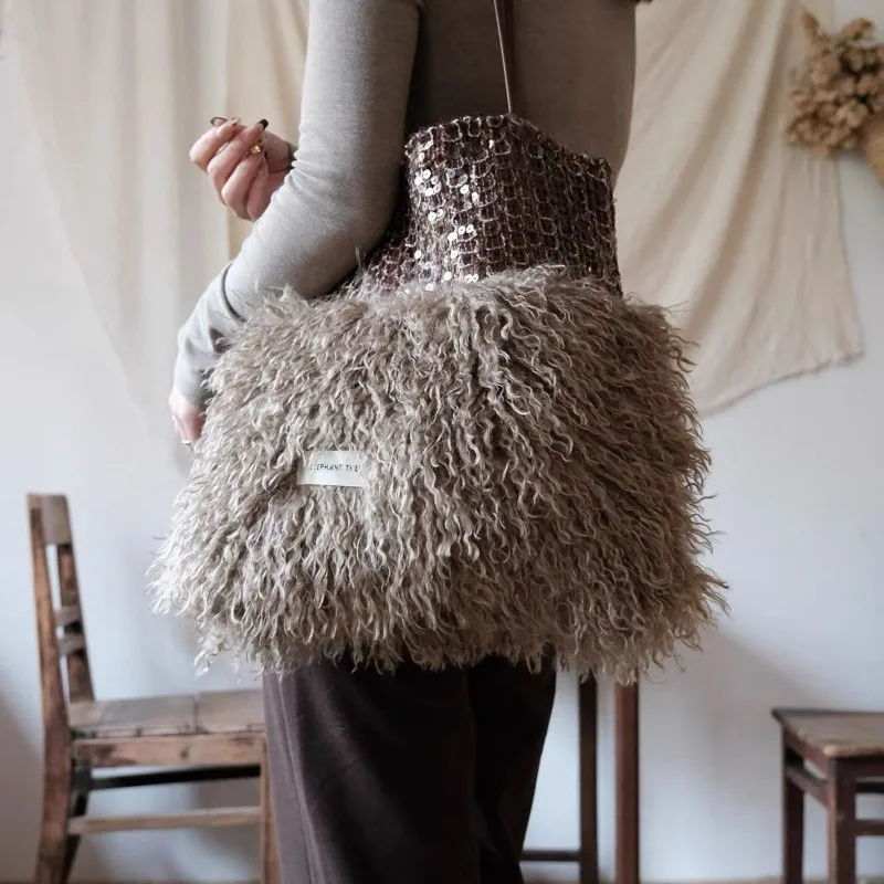 Sequined Shoulder Canvas Bag Large Capacity Fluffy Wasteland Wind Commuter Tote Bag Huge Good-looking New Bag Exquisite Simple