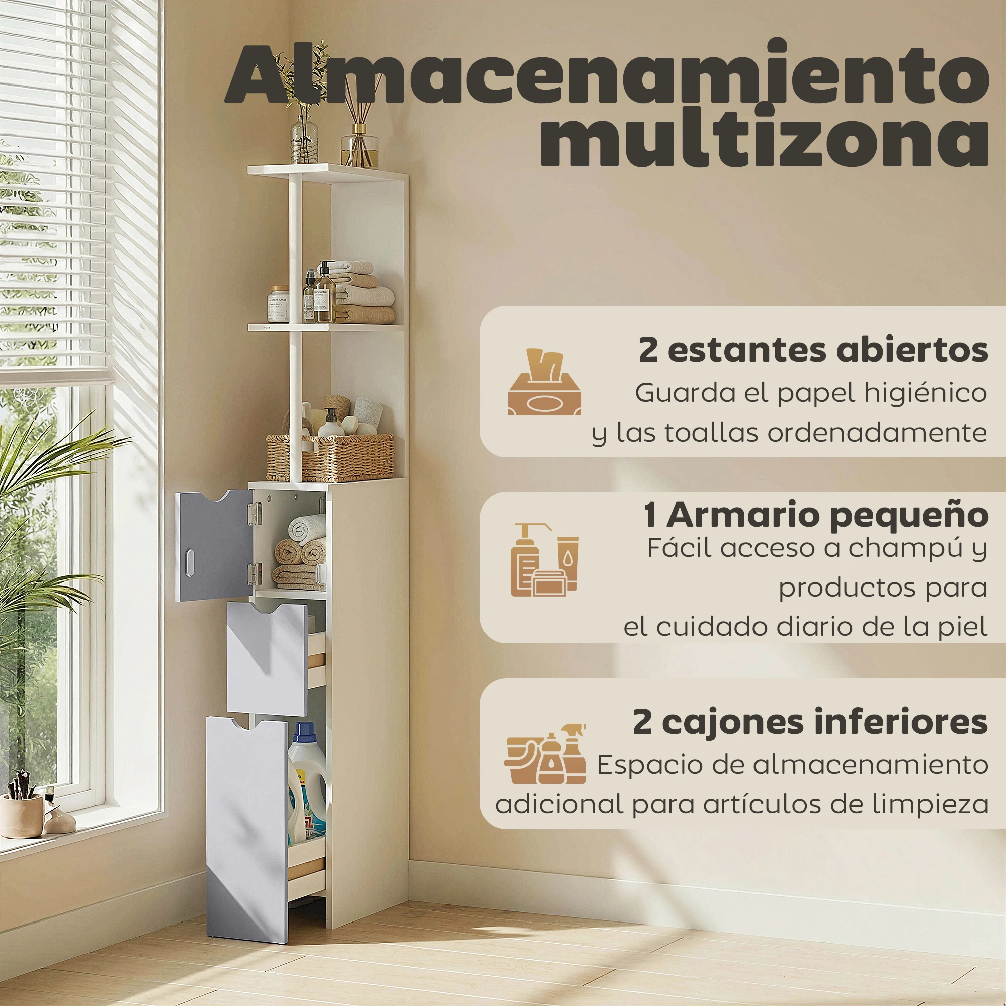Mueble Auxiliar de Baño Moderno con 2 Estantes, 2 Cajones y 1 Puerta Antivuelco, 15x33x136,8 cm, Blanco