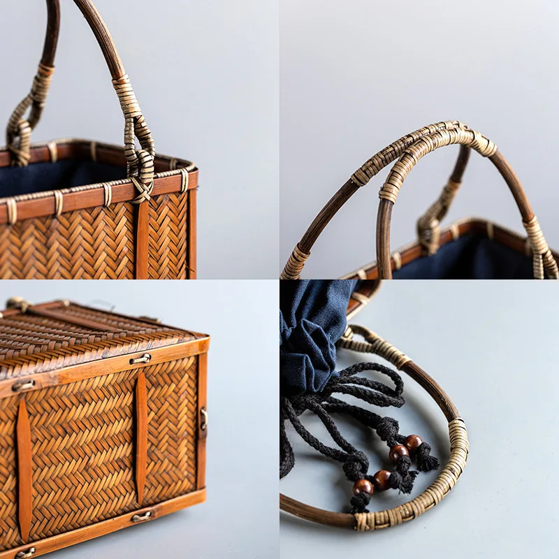Japanese-style Bamboo Woven Storage Bags Handmade Retro Basket Chinese Style Teacup Teapot Bags Travel Outdoor Tea Cozies LA458