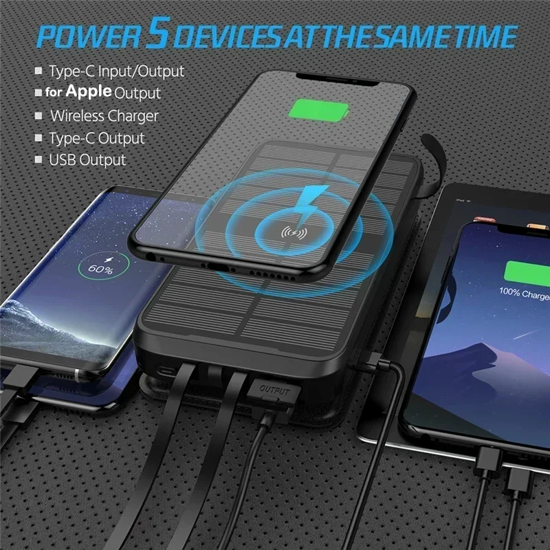 43800mAh Solar Power Bank Fast Qi Wireless Charger for iPhone 12 Samsung Huawei Xiaomi Poverbank PD 20W Fast Charging Powerbank