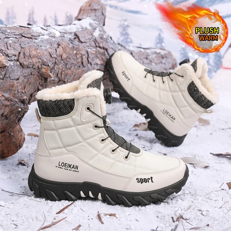 Men Winter Warm High‑top Boots, Rotating Buckle Auto Lacing Fleece Lined Anti‑slip Thick Sole Shoes For Daily Casual Wear