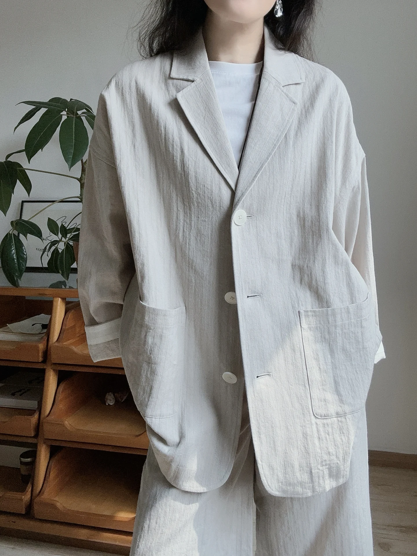 

Loose Fit Linen Suit Jacket Women's Spring Fashion Classic Plaid Pattern Long Sleeve Casual Elegant Style Moneyed Feel