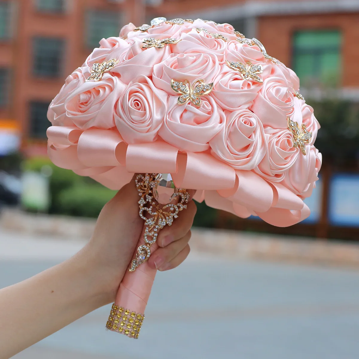 

Pink Wedding Bouquets with Gold Crystal Jewelry