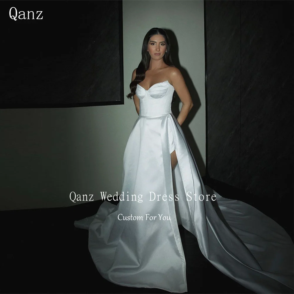 

Qanz Elegant Satin Wedding Dress Sweetheart High Side Slit Long Train Robe Soirée Dubai Luxe 2024 Lace Up Back Bridal Gowns